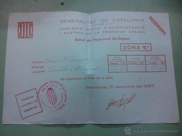 Documentos antiguos: Recibo de alquiler de la Generalitat de Catalu&ntilde;a 1937 - Foto 1