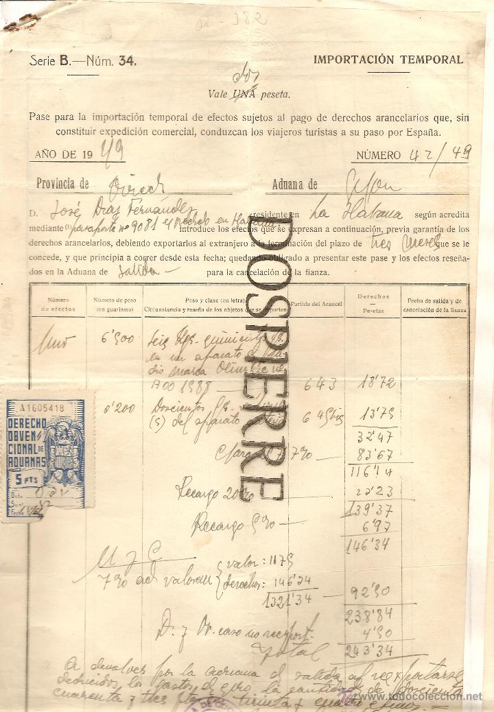 Documentos antiguos: DOCUMENTO ADUANA,  DE IMPORTACI&Oacute;N TEMPORAL DE EFECTOS SUJETOS A PAGO ARANCELES, 1949 - Foto 1