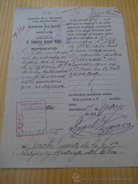 Documentos antiguos: Antiguo documento del juzgado de 1a instancia de barcelona, 1924 - Foto 1