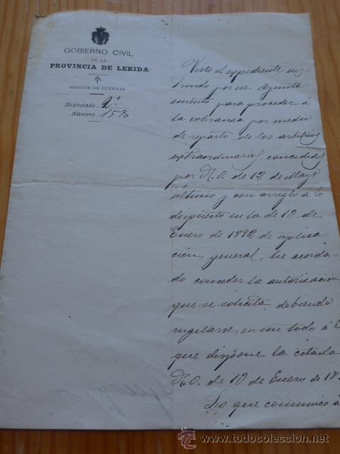 Documentos antiguos: Documento de gobierno civil de Lerida, 1908 - Foto 1