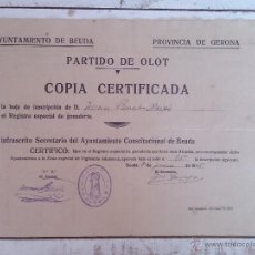 Documentos antiguos: DOCUMENTO CERTIFICADO DE LA HOJA DE INSCRIPCIÓN EN EL REGISTRO ESPECIAL DE GANADERÍA. 1926 BEUDA. Lote 45928858