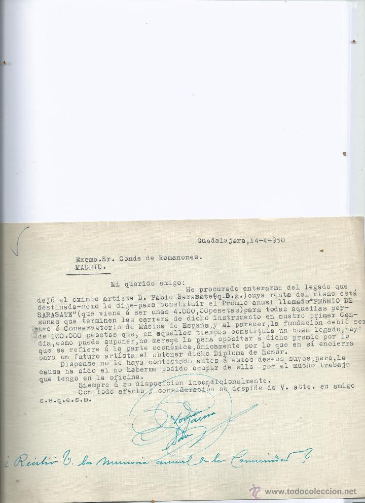 Documentos antiguos: CARTA DE ROMAN GARCIA SANZ A ROMANONES SOBRE EL LEGADO DE PABLO SARASATE - 1950 - GUADALAJARA