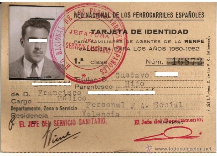Documentos antigos: 1950-52 TARJETA IDENTIDAD FERROCARRILES ESPA&Ntilde;OLES PARA FAMILIARES. SELLO JEFATURA SERVICIO SANITARIO