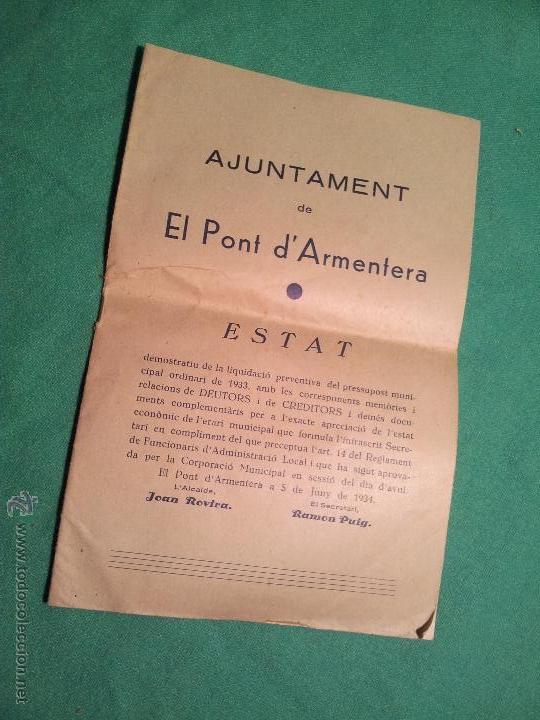 Documentos antiguos: estat a&ntilde;o 1934 .pont d&acute;armentera. - Foto 1