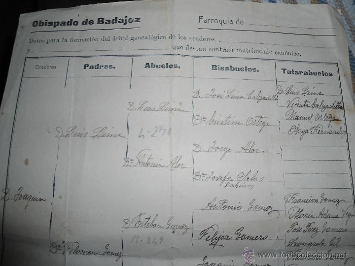 Documentos antiguos: ANTIGUO DOCUMENTO OBISPADO DE BADAJOZ - ARBOL GENEALOGICO - Foto 2