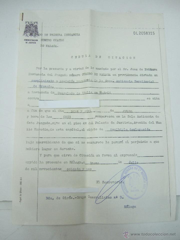 Documentos antiguos: CEDULA CITACION JUZGADO DE MALAGA - 1981