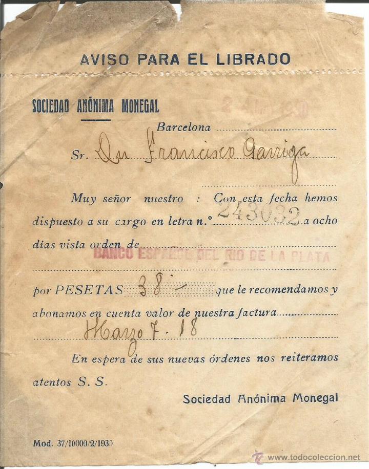 Documents Anciens: AVISO PARA EL LIBRADO - SOCIEDAD ANONIMA MONEGAL - BARCELONA A&Ntilde;O 1980
