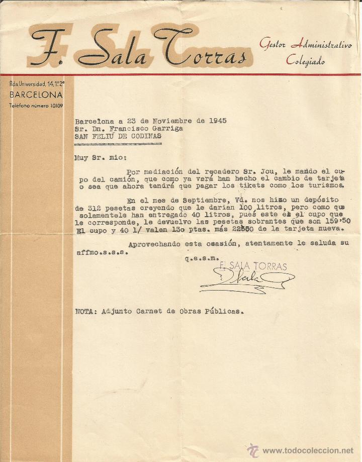 Documents Anciens: CARTA GESTOR ADMINISTRATIVO COLEGIADO - F.SALA TORRAS - SAN FELIU DE CODINAS - BARCELONA 1945