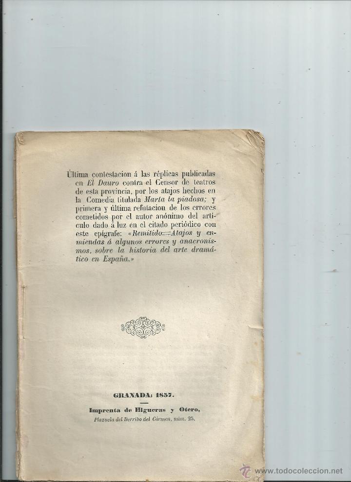 Documentos antiguos: 1857 - GRANADA - TEATRO HISTORIA DEL ARTE DRAMATICO EN ESPA&Ntilde;A - SALVADOR DE SALVADOR, Jos&eacute;
