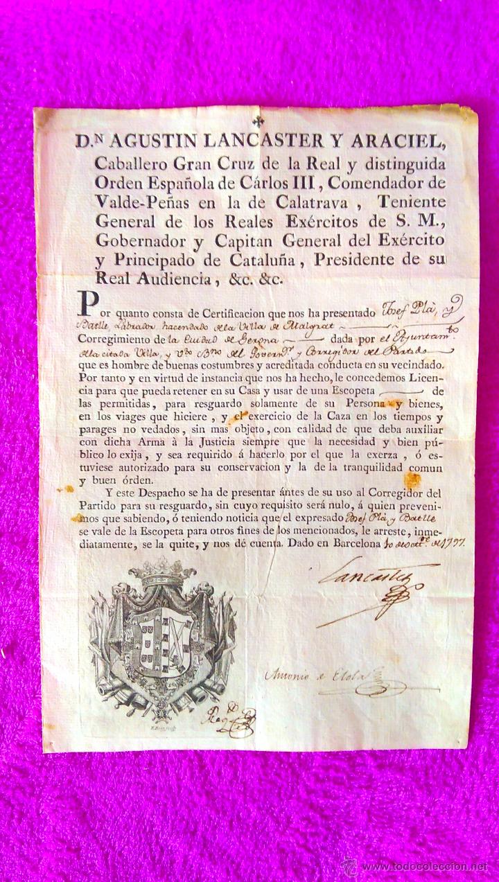 Documentos antiguos: DOCUMENTO OFICIAL, PERMISO DE CAZA 1797, MUY RARO - Foto 1