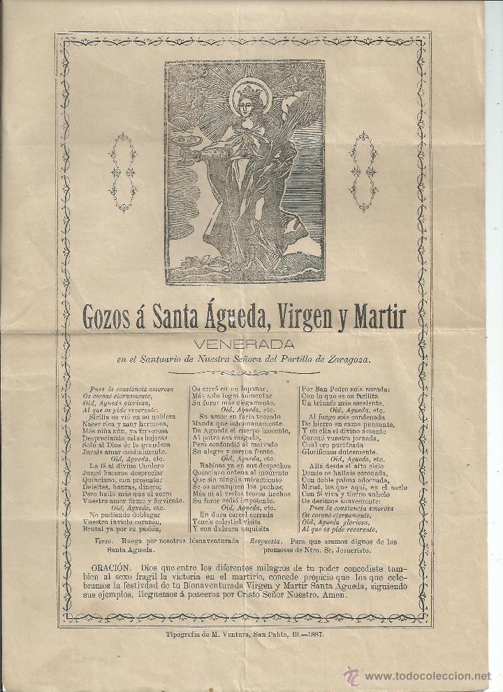 Old Documents: 1887 - GOZOS A SANTA &Aacute;GUEDA ... VENERADA EN EL SANTUARIO DE NUESTRA SE&Ntilde;ORA DEL PORTILLO DE ZARAGOZA