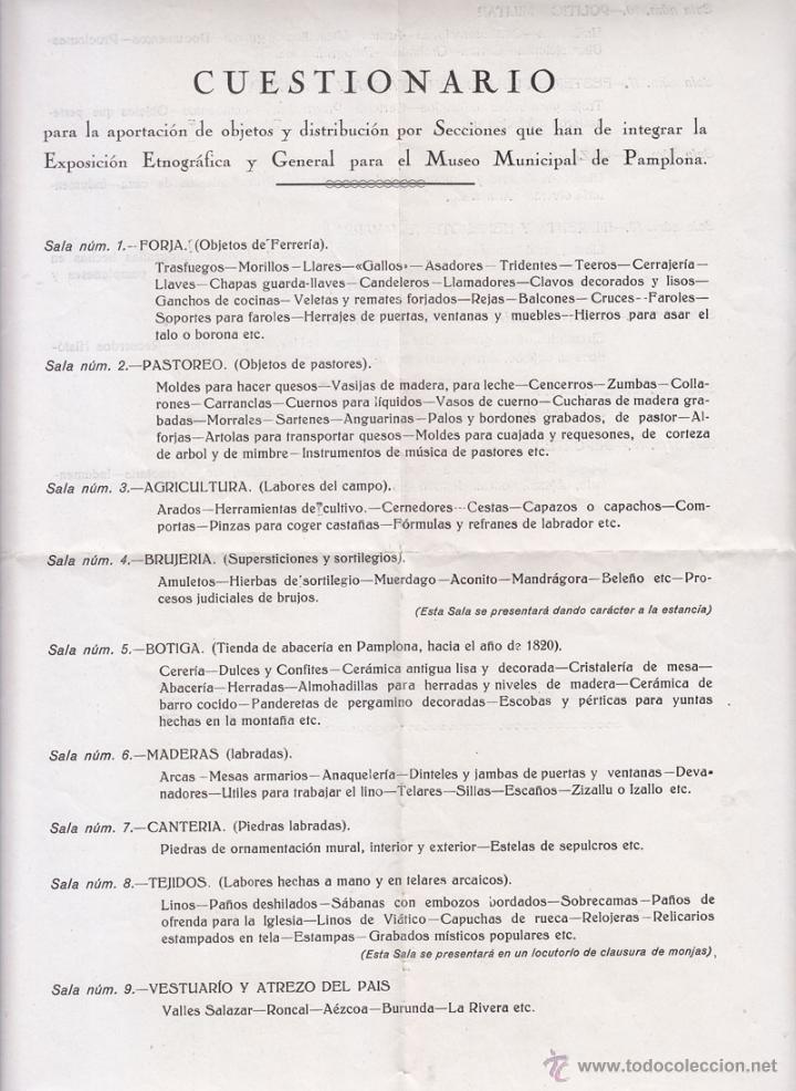 Old Documents: CUESTIONARIO PARA LA APORTACI&Oacute;N DE OBJETOS. EXPOSICI&Oacute;N ETNOGR&Aacute;FICA Y GENERAL MUSEO PAMPLONA. NAVARRA