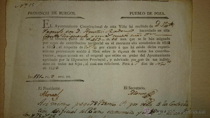 Documentos antiguos: 1822 - RECIBO - POZA DE LA SAL BURGOS - CONTRIBUCI&Oacute;N TERRITORIAL