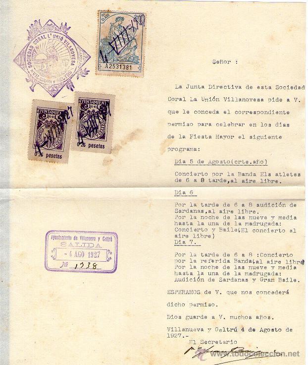 Documentos antiguos: Vilanova i La Geltr&uacute; - Documento Sociedad Coral La Uni&oacute;n Vilanovesa - A&ntilde;o 1927