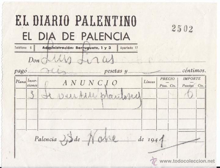 Old Documents: CURIOSO RESGUARDO DE INSERCI&Oacute;N DE ANUNCIO EN EL DIARIO PALENTINO. PALENCIA. 1944