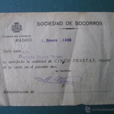 Documentos antiguos: RECIBO SOCIEDAD DE SOCORROS, CUERPO DE CORREOS MADRID 1933 (15X11CM APROX, REVERSO CON APUNTES). Lote 48573580
