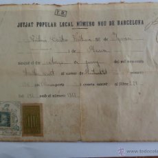 Documentos antiguos: CERTIFICADO NACIMIENTO 14 JUNIO 1938 GUERRA CIVIL JUTJAT POPULAR BARCELONA SELLOS REPUBLICA. Lote 48601618