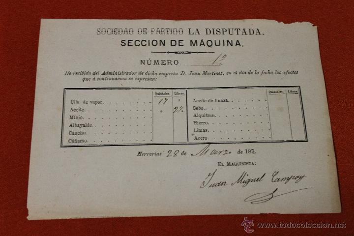 Old Documents: DOCUMENTO MINAS 1870 LA DISPUTADA, SECCION DE MAQUINA, HERRERIAS