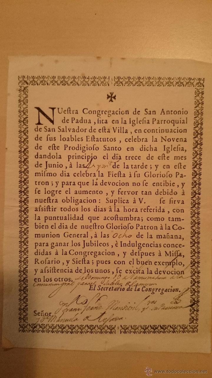 Documentos antiguos: CONGREGACI&Oacute;N DE SAN ANTONIO DE PADUA PARROQUIA SAN SALVADOR - MADRID - FIESTA PATR&Oacute;N