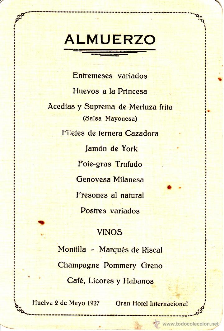Documentos antiguos: HUELVA - MAYO DE 1927 - MENU DEL GRAN HOTEL INTERNACIONAL - Foto 1