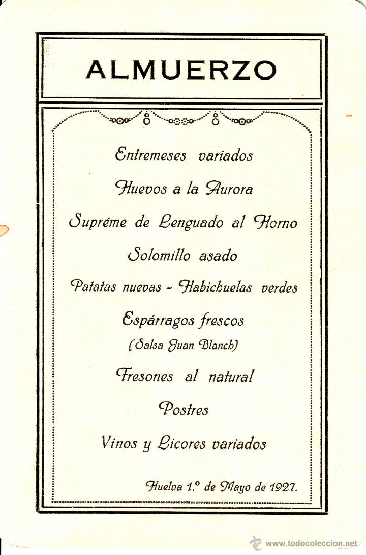Documentos antiguos: MENU FECHADO EN HUELVA PRIMERO DE MAYO DE 1927 - Foto 1