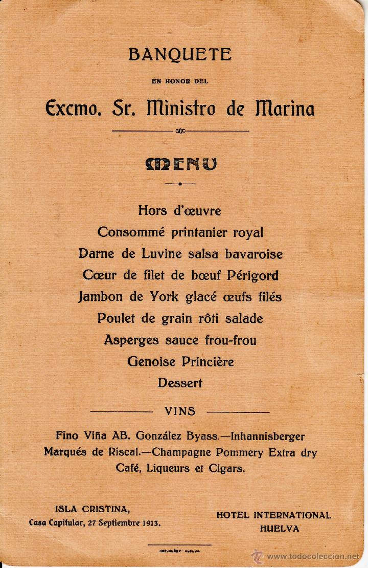 Menu banquete honor excmo. sr. ministro de mari - Vendido 