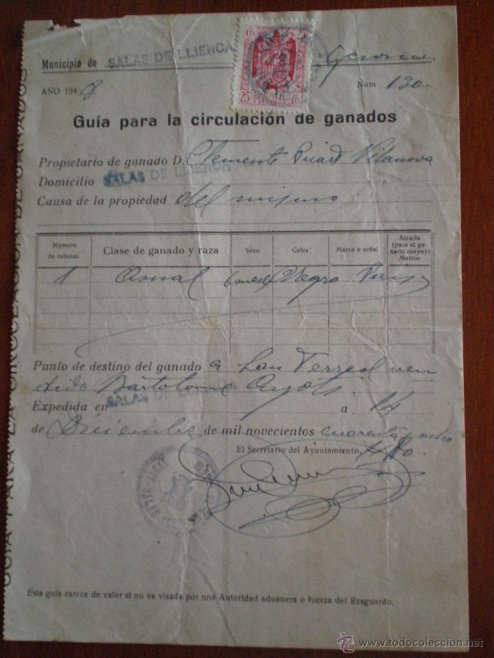 Documentos antigos: 1948 SALAS DE LLERCA (GERONA). GUIA PARA LA CIRCULACION DE GANADOS DEL AYUNTAMIENTO