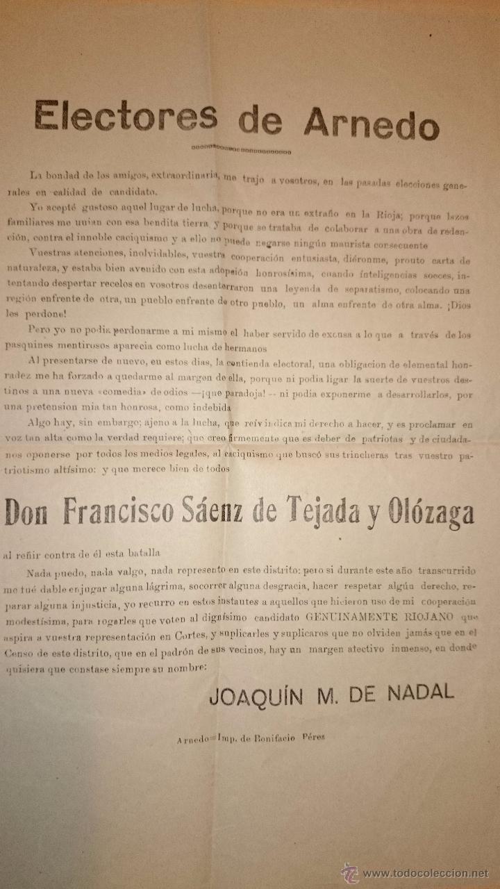 Documentos antiguos: ARNEDO LOGRO&Ntilde;O LA RIOJA - ELECCIONES - FRANCISCO S&Aacute;ENZ DE TEJADA Y OL&Oacute;ZAGA - Foto 1