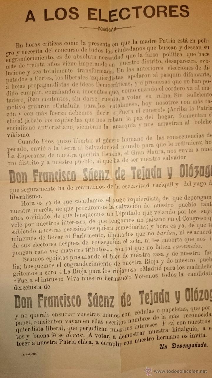 Documentos antiguos: ARNEDO LOGRO&Ntilde;O LA RIOJA - ELECCIONES - FRANCISCO S&Aacute;ENZ DE TEJADA Y OL&Oacute;ZAGA - Foto 2