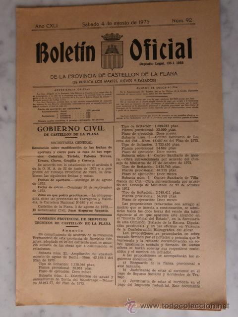 Documentos antiguos: boletin oficial de la provincia de castellon de la plana n&ordm;92 - 4 de agosto de 1973