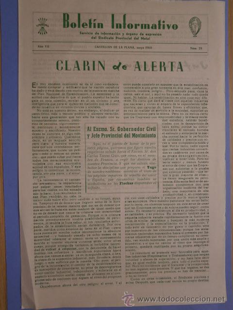Documentos antiguos: boletin informativo - sindicato provincial del metal castellon dela plana n&ordm; 29  mayo 1960