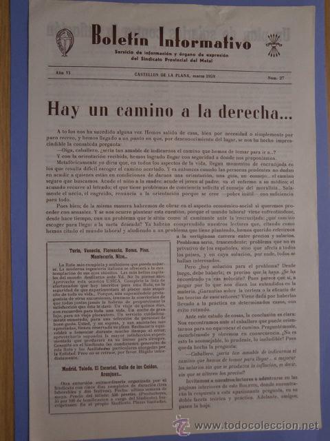 Documentos antiguos: boletin informativo - sindicato provincial del metal castellon dela plana n&ordm;27 marzo 1959