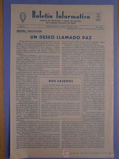 Documentos antiguos: BOLETIN INFORMATIVO - SINDICATO PROVINCIAL DEL METAL CASTELLON DELA PLANA N&ordm;26 diciembre 1958
