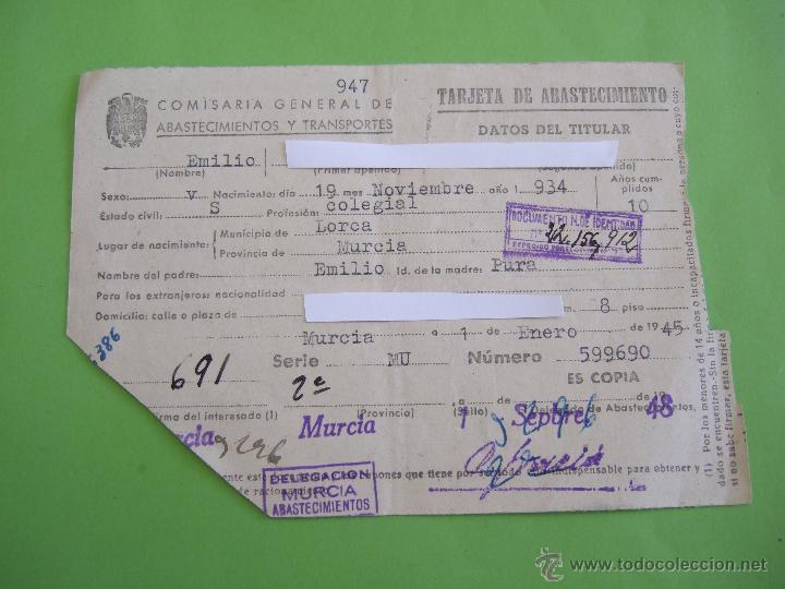 Documentos antiguos: TARJETA DE ABASTECIMIENTO - MURCIA 1945 / 1948