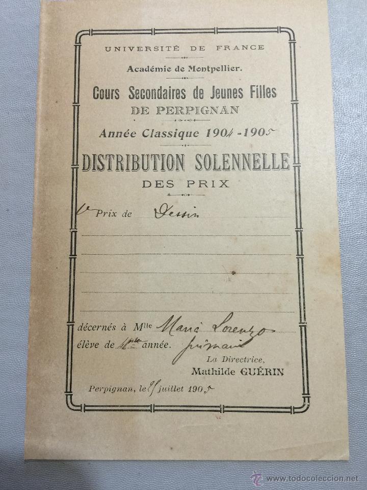 Documenti antichi: Antiguo resguardo Original, UNIVERSITE DE FRANCE, a&ntilde;o 1905, Acad&eacute;mie de Montpellier, Perpignan