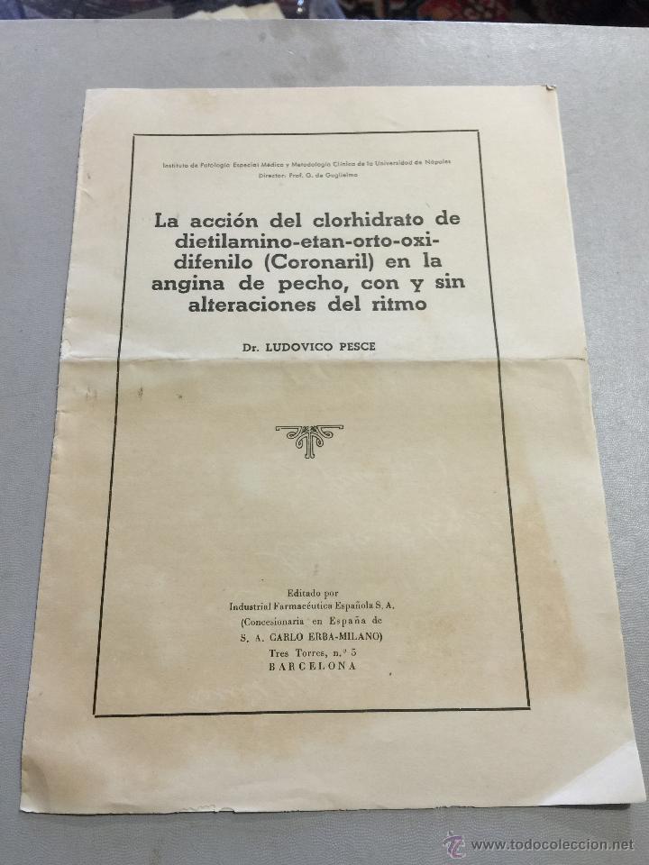 Documentos antiguos: Antiguo folleto medicina. La accion del clorhidrato... en la angina de pecho... 8 pags. Carlo Erba