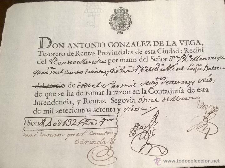 Documentos antiguos: RECIBO DE RENTAS PROVINCIALES DE SEGOVIA (1777) - Foto 1
