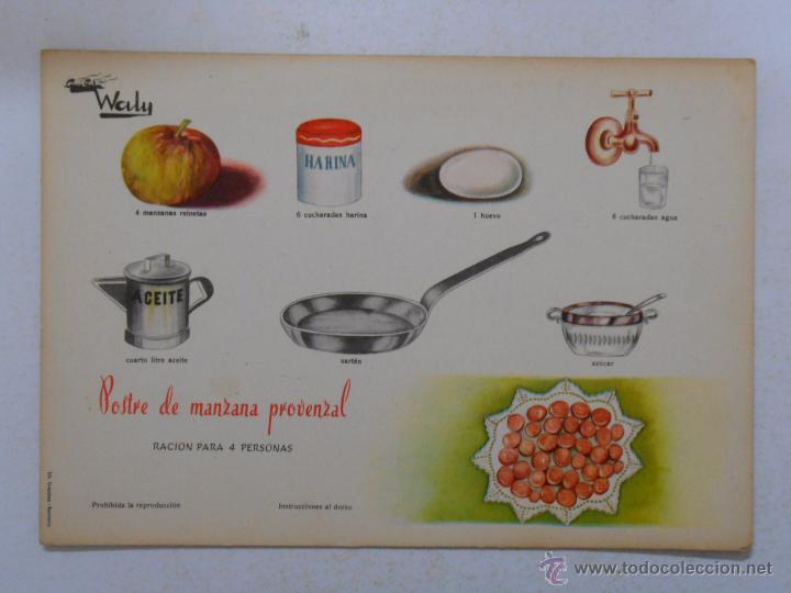 Documentos antigos: COCINA GRAFICA WALY. RECETA FICHA N&ordm; 1500. POSTRE DE MANZANA PROVENZAL. CREACIONES EVA. TDKP3