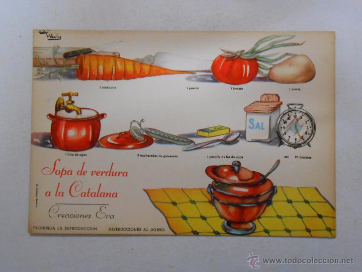 Documentos antiguos: COCINA GRAFICA WALY. RECETA FICHA N&ordm; 114. SOPA DE VERDURA A LA CATALANA. CREACIONES EVA. TDKP3