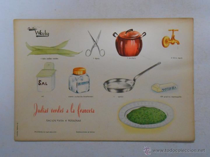 Documentos antigos: COCINA GRAFICA WALY. RECETA FICHA N&ordm; 800. JUDIAS VERDES A LA FRANCESA. CREACIONES EVA. TDKP3
