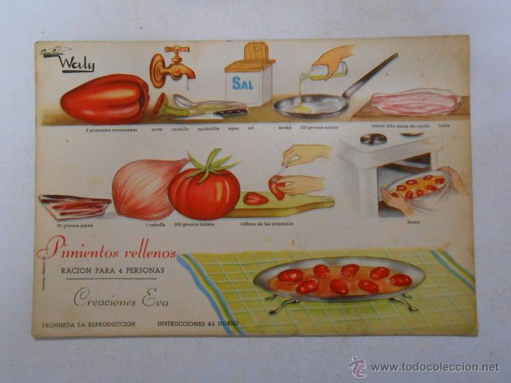 Documentos antiguos: COCINA GRAFICA WALY. RECETA FICHA N&ordm; 802. PIMIENTOS RELLENOS. CREACIONES EVA. TDKP3
