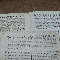 Documentos antiguos: 3 EDICTOS DEL CONDE DON LUIS DE VILLEMUR. BARCELONA 1825, 1826 Y 1831.