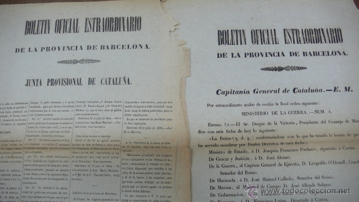 Documentos antiguos: 2 BOLET&Iacute;N OFICIAL ESTRAORDINARIO DE BARCELONA. DUQUE DE LA VICTORIA. REALES DECRETOS,1854. TEXTIL.