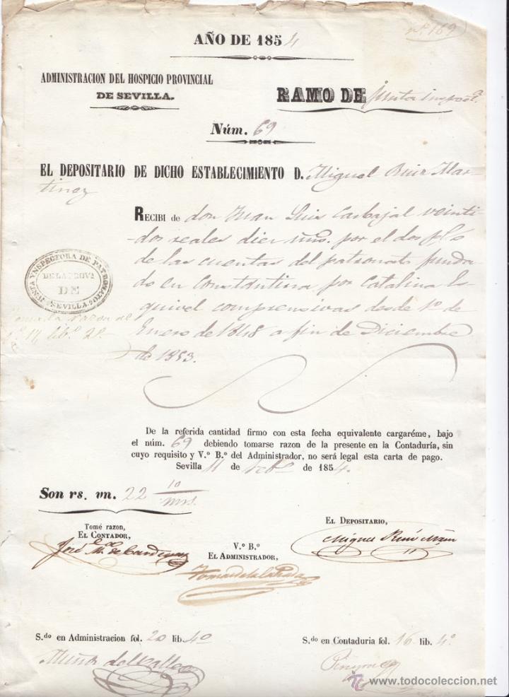 Documentos antiguos: RECIB&Iacute; DEL HOSPICIO PROVINCIAL DE SEVILLA. 1854 - Foto 1