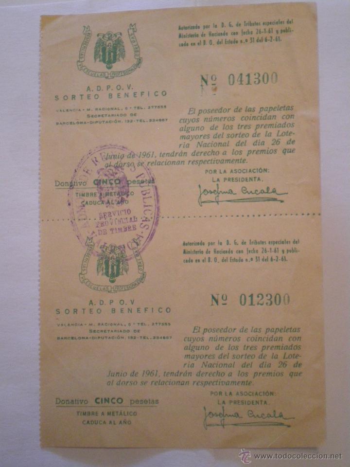 Old Documents: 1961 VALENCIA. SORTEO BENEFICO RESIDENCIAS ESCUELAS PROFESIONALES OBRERAS. ADPOV