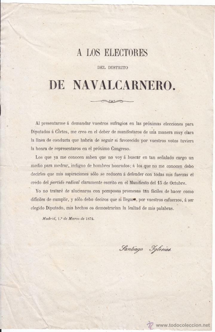 Documentos antiguos: A LOS ELECTORES DEL DISTRITO DE NAVALCARNERO. MADRID. 1872. - Foto 1