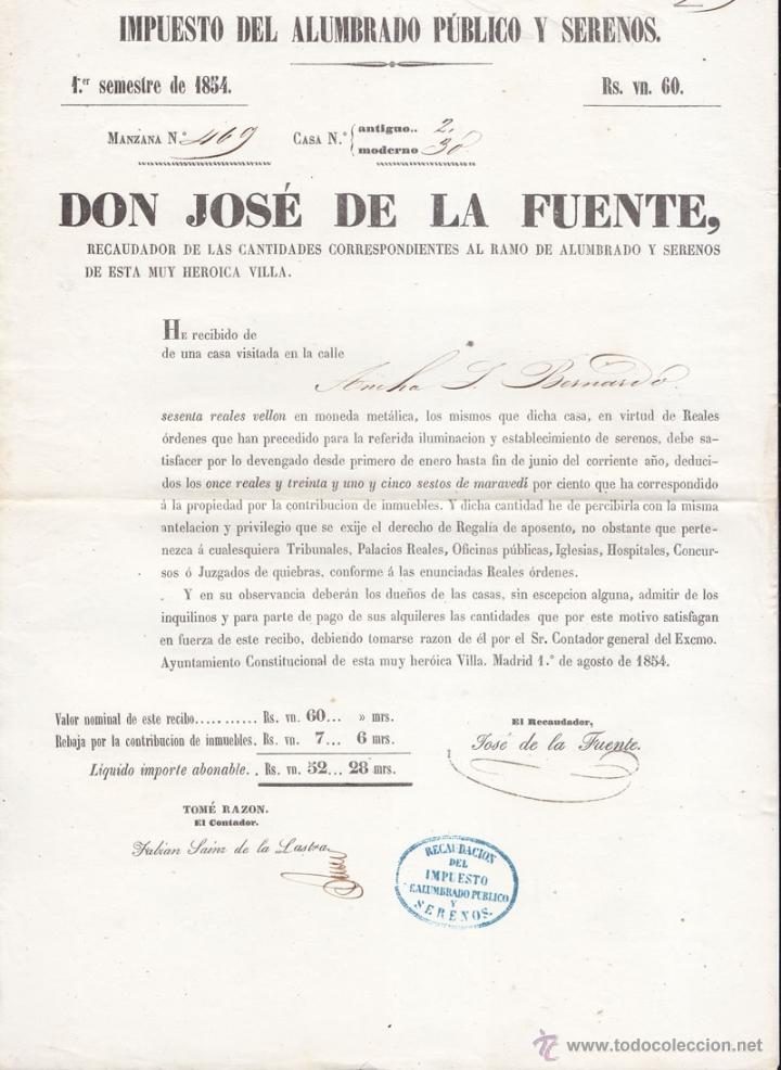 Old Documents: DOCUMENTO MADRID A&Ntilde;O 1854 IMPUESTO DEL ALUMBRADO PUBLICO Y SERENOS POR EL ALCALDE JOS&Eacute; DE LA FUENTE