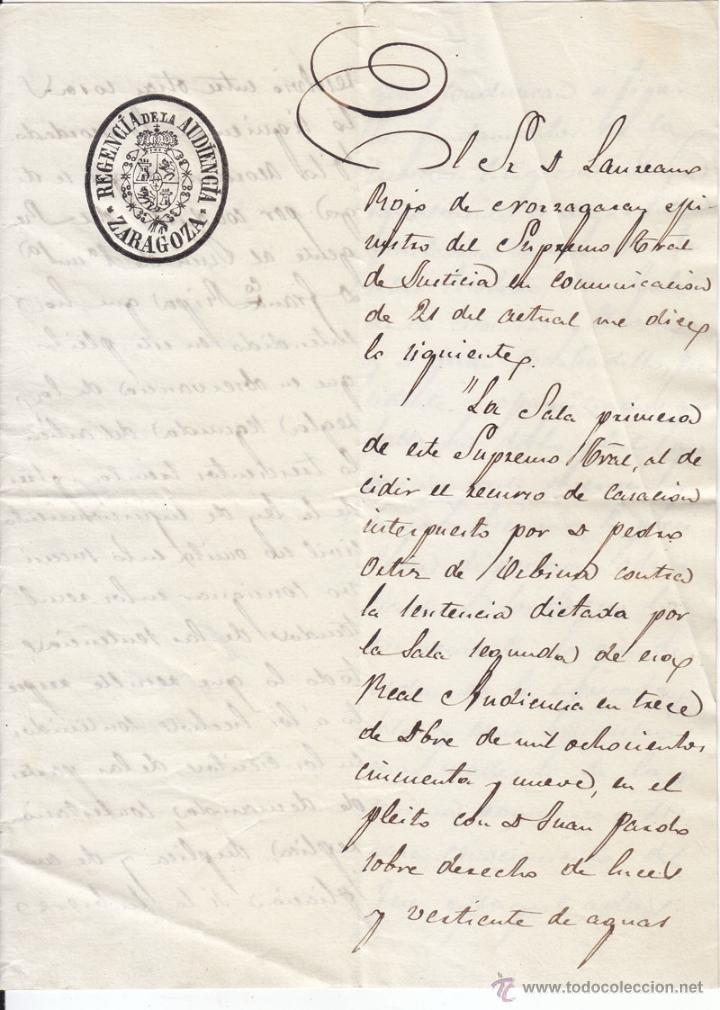 Documents Anciens: CARTA DE LA REGENCIA DE LA AUDIENCIA DE ZARAGOZA. 1861