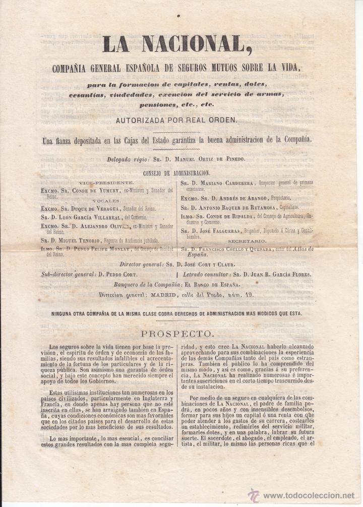 Documenti antichi: PROSPECTO PUBLICITARIO. LA NACIONAL. COMPA&Ntilde;&Iacute;A DE SEGUROS MUTUOS SOBRE LA VIDA. MADRID, 1863