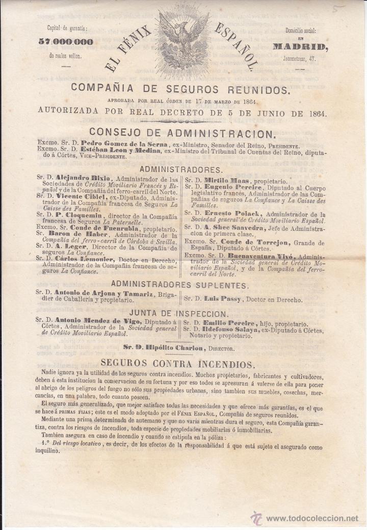 Documenti antichi: PROSPECTO PUBLICITARIO. EL F&Eacute;NIX ESPA&Ntilde;OL. COMPA&Ntilde;&Iacute;A DE SEGUROS. MADRID, 1865